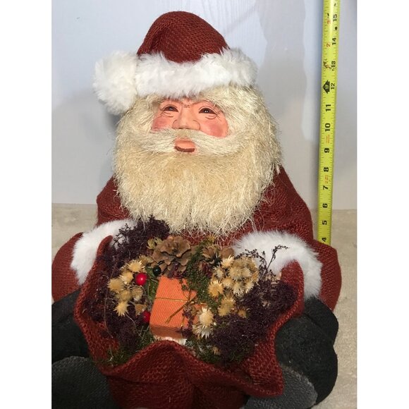 Vintage Styrofoam Rustic Santa Claus Figurine Faux Floral Basket & Jute Coat 16" - Picture 9 of 13